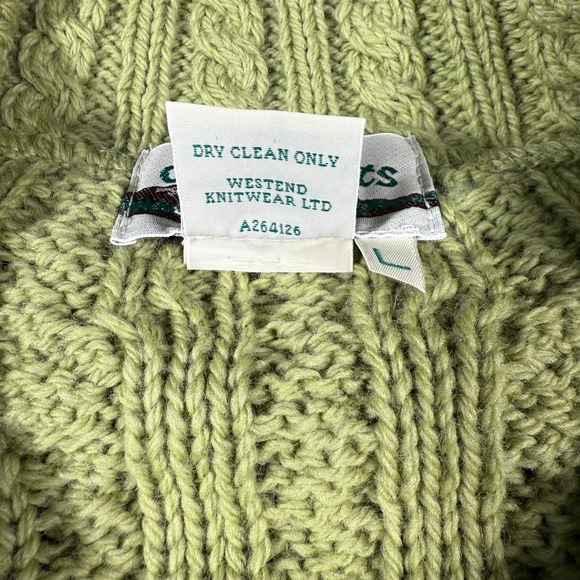 Vintage Aran Crafts Cable Knit Sweater Size Large Green Cardigan Merino Wool - Picture 5 of 8